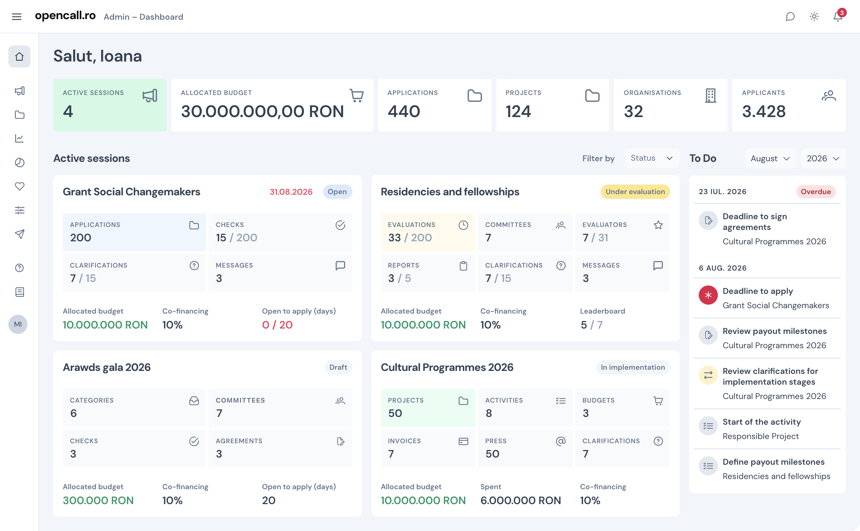 OpenCall admin dashboard — active sessions, applications and calendar